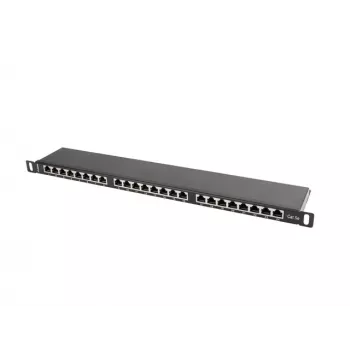 Patchpanel LANBERG PPS5-0024-B 24-poorts CAT5e, metaal, 0,5 U, 445×99×22,3 mm, zwart
