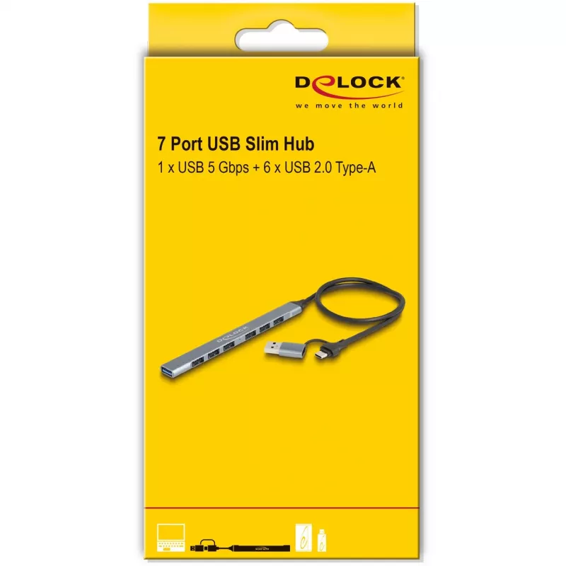 Delock 64273 slanke 7-poorts USB-hub, USB Type-C of Type-A naar 1x USB 5 Gbps Type-A + 6x USB 2.0 Type-A