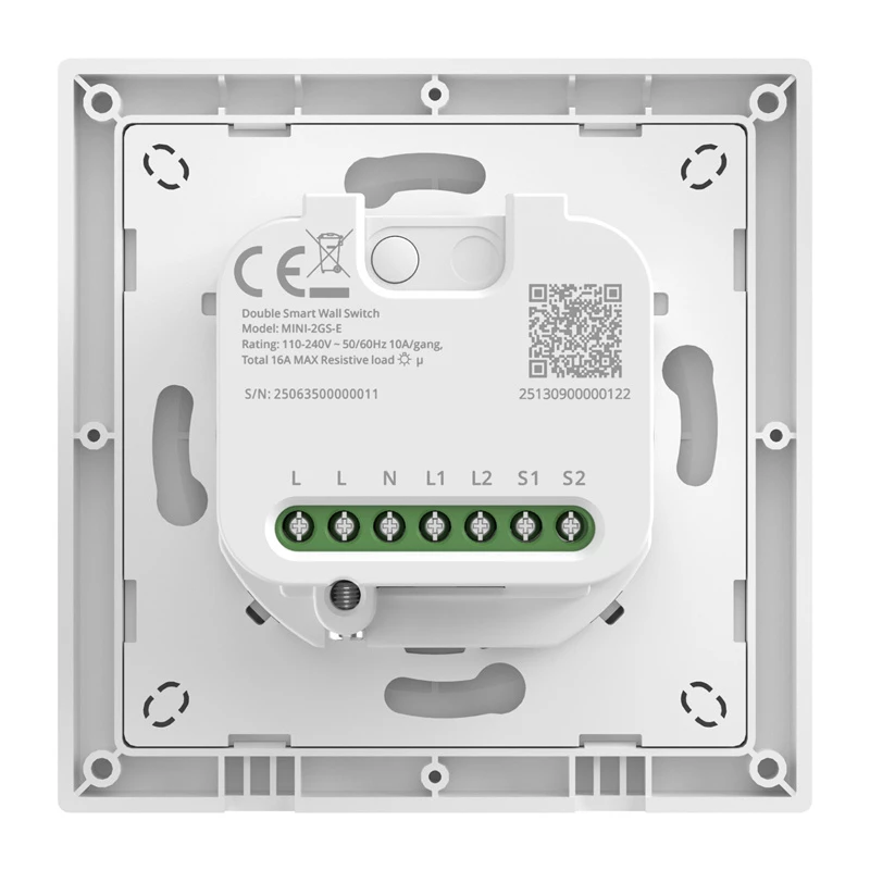 Tweekanaals slimme wandschakelaar Sonoff MINI-2GS-E — compact inbouwrelais voor twee stroomkringen, Matter-compatibel