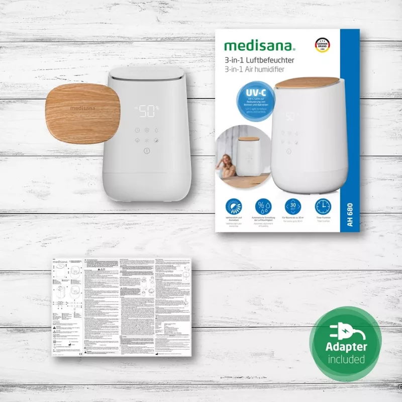 Medisana AH 680 luchtbevochtiger ultrasoon 2,6 L wit, hout 24 W