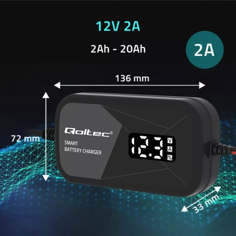Batterijlader QOLTEC 52492 12V 2A met microprocessorsturing en celregeneratie