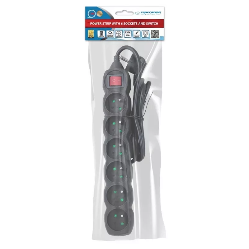 Esperanza ELK217K stroomverlenging 1,5 m 6 AC-stopcontact(en) binnen zwart
