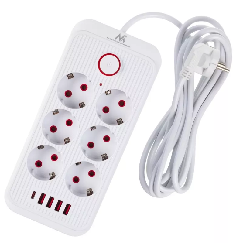 Stekkerdoos MACLEAN MCE391 W — 6 stopcontacten, 4×USB-A + 1×USB-C, 3 m kabel, 110–240 V, 2500 W, wit