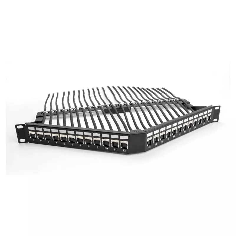 DeLOCK 19 inch keystone patchpanel 24 poorten met trekontlasting 1HE haaks zwart