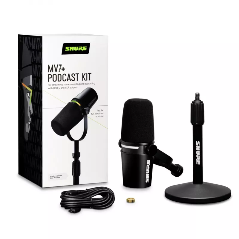 Shure MV7+-K-BNDL - spraak-/zangmicrofoon met XLR/USB-C-aansluiting, zwart + tafelstatief GATOR