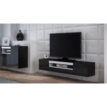 TV-standaard cama meble VIVA 180 — 1800×400×370 mm, zwarte bovenplaat (spaanplaat), zwart frame, witte accenten