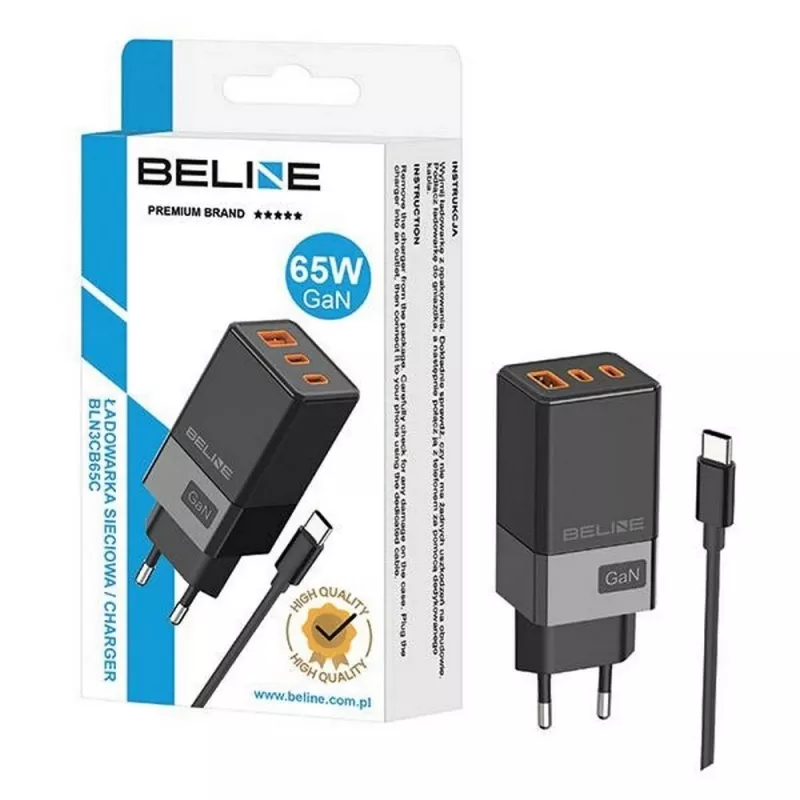 Beline netadapter 2x USB-C 1x USB 65W kabel USB-C zwart/zwart PD 3.0