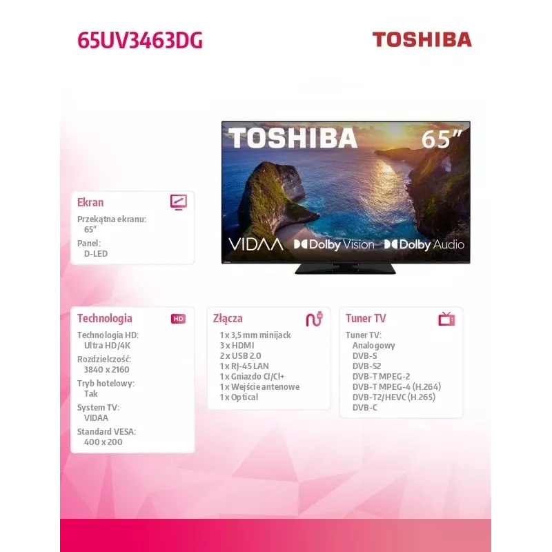 Televisie Toshiba 65UV3463DG 65 inch 4K Ultra HD DLED 3840 x 2160