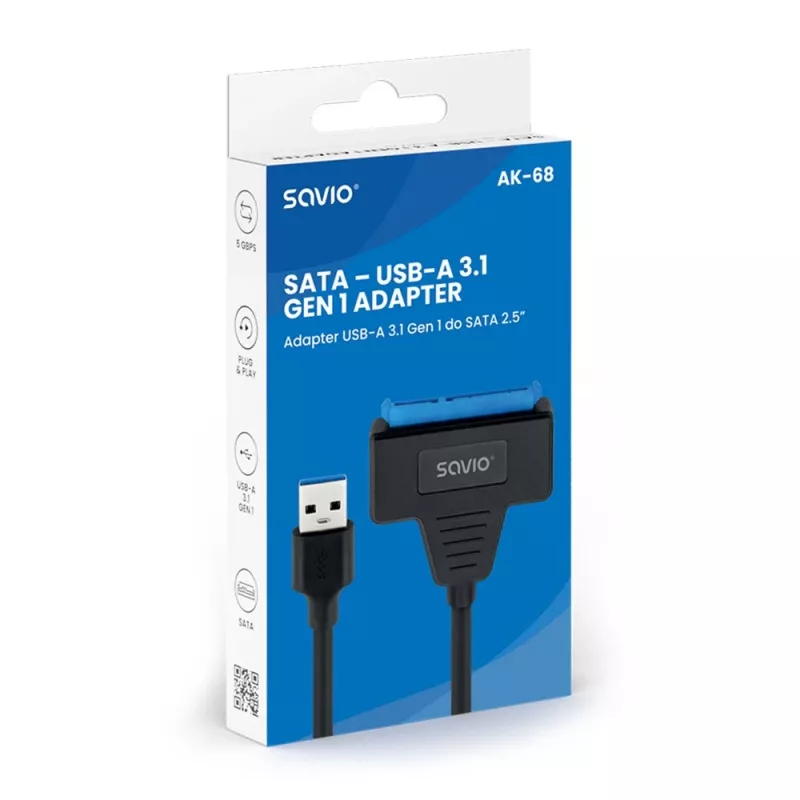 SAVIO SATA naar USB 3.1 Gen 1 interfacekabel AK-68, SATA-bus naar USB-A-stekker, 5 Gbit/s, 0,25 m, zwart