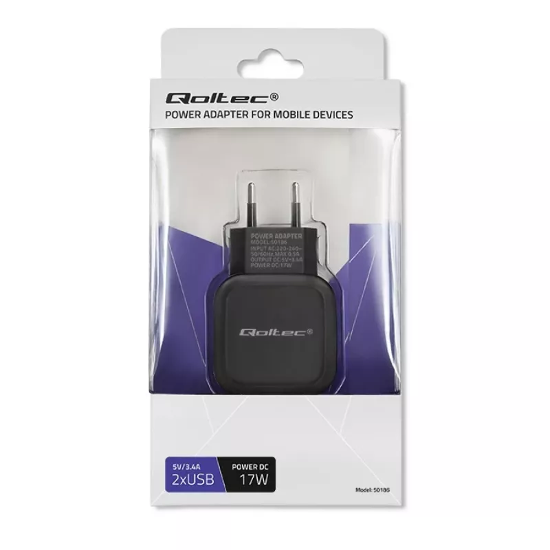 AC indoor oplader QOLTEC 50186 voor smartphone en tablet, 5 V 3.4 A, 17 W, 2× USB, zwart