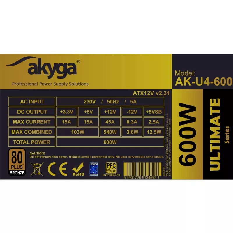 Akyga Ultimate AK-U4-600 ATX-voeding 600 W, 80 PLUS Bronze, actieve PFC, 120mm-ventilator