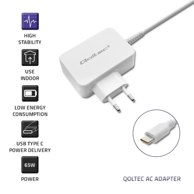 Qoltec 51039 65 W USB-C PD-voedingsadapter, 5–20,3 V, 2–3,25 A, ingebouwde USB-C-kabel, wit