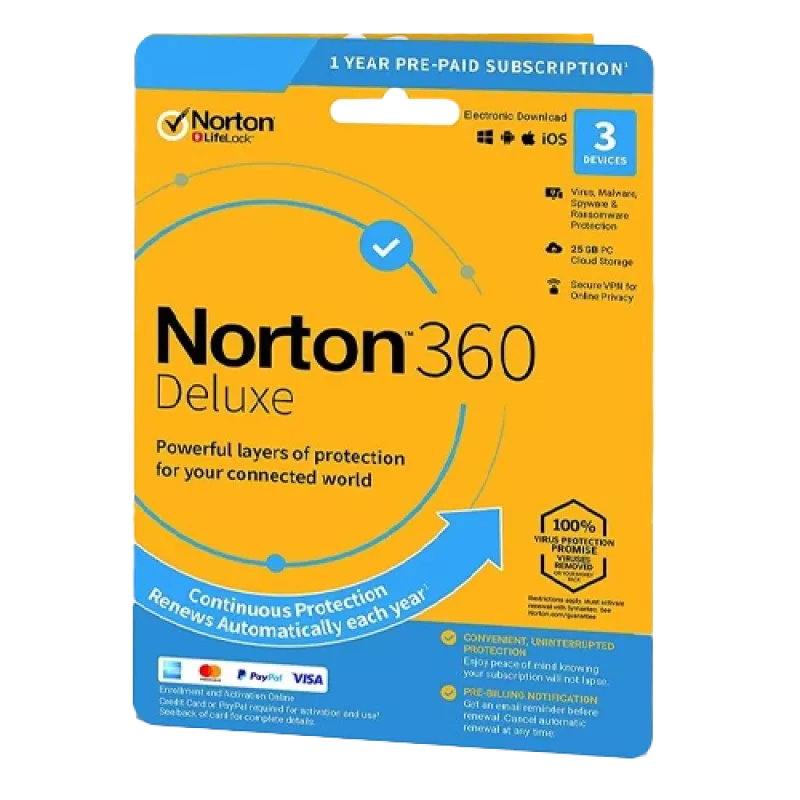 Norton 360 Deluxe | 3 apparaten | 1 jaar | 25 GB cloudopslag | EU