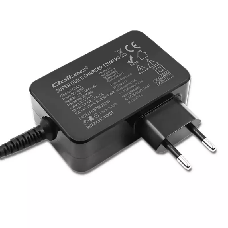 Qoltec PD 120W Turbo snellader | 5-28V | 3-4,5A | USB-C | zwart