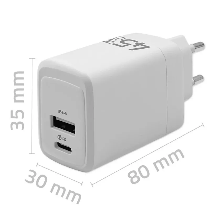 GaN 45W oplader 5V 20V 1,5A 3A, 1x USB-C PD, 1x USB-A