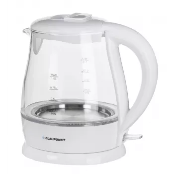 Elektrische waterkoker BLAUPUNKT 1 L 1630 W wit — glazen behuizing, 360°-basis, knopbediening