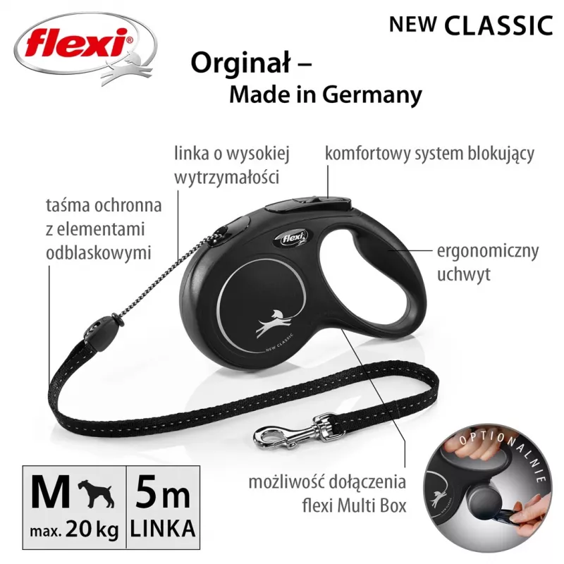 Rollijn Flexi Classic 5 m zwart voor middelgrote honden, snoer, max. belasting 20 kg, reflecterende elementen