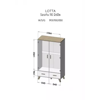 Kledingkast cama meble LOTTA 2D2D, 2 deuren, Sonoma-eiken frame met witte fronten, 1100×550×1900 mm