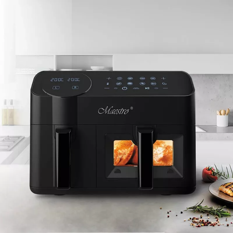 Elektrische heteluchtfriteuse Maestro MR-760 – tafelmodel met dubbele constructie, 3,5 L + 6 L, touchbediening, 2000–2400 W, zwart