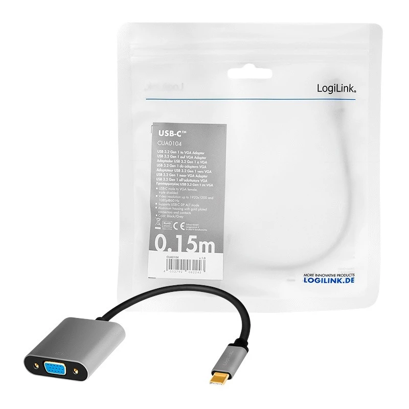 USB Type-C naar VGA (D-Sub) video-adapterkabel LOGILINK CUA0104 0,15 m, grijs/zwart