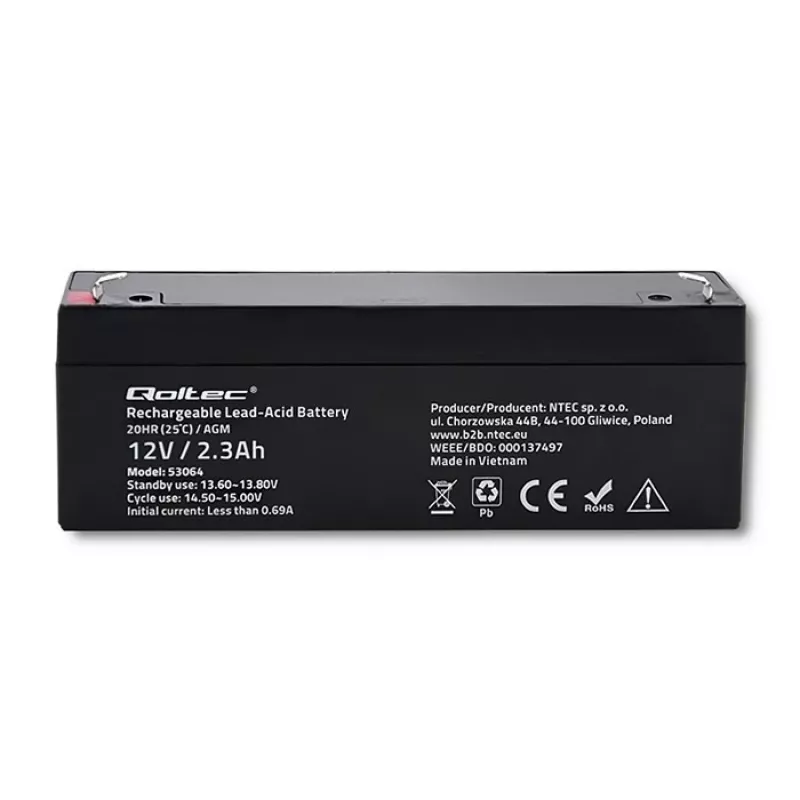 Verzegelde AGM-accu QOLTEC 12V 2,3Ah voor UPS- en back-upsystemen, max. ontlading 34,5A