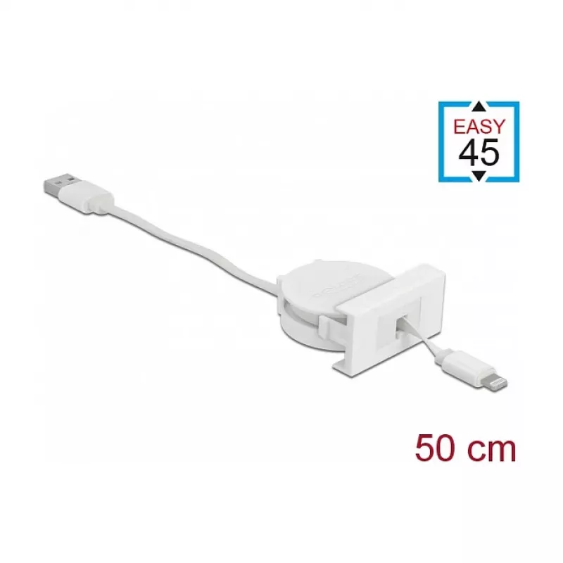 Kabel DeLOCK Easy 45 Module USB 2.0 Oprolbaar kabel USB Type-A naar 8 Pin Lightning bus wit