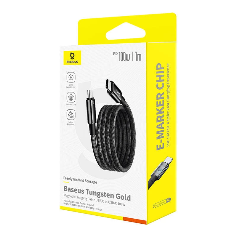 USB-C-naar-USB-C-oplaadkabel Baseus Tungsten Gold 100W 1 m, zwart, nylon