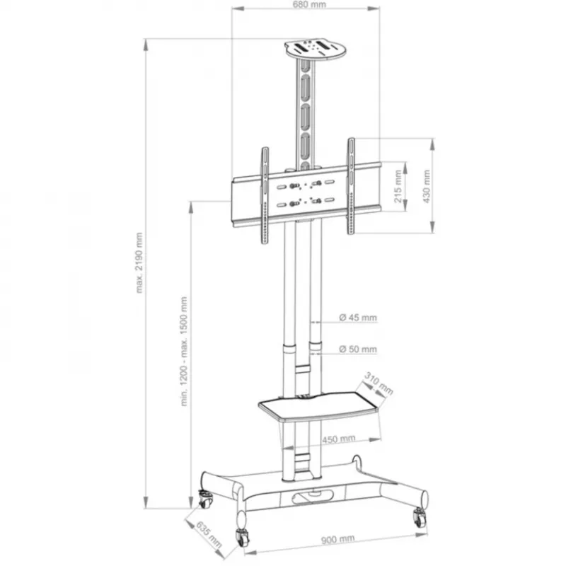 Hagor 8209 HP Twin Stand mobiele vloerstandaard voor beeldschermen van 32-55 inch (81-140 cm), 45 kg, in hoogte verstelbaar, zwart