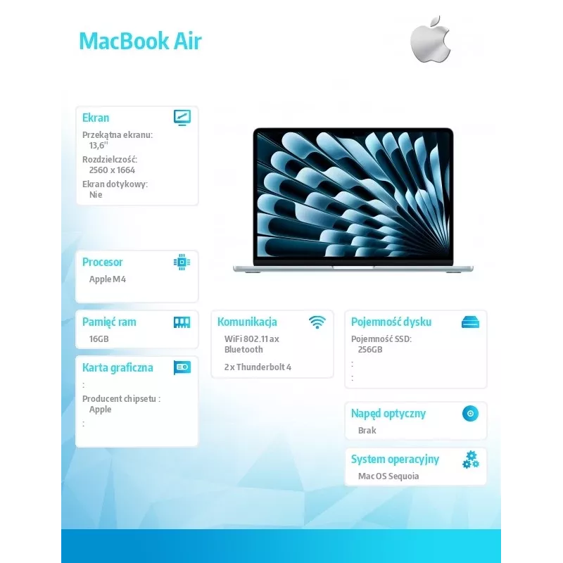 Apple MacBook Air 13 inch: M4 chip met 10-core CPU en 8-core GPU, 16 GB, 256 GB SSD – hemelsblauw