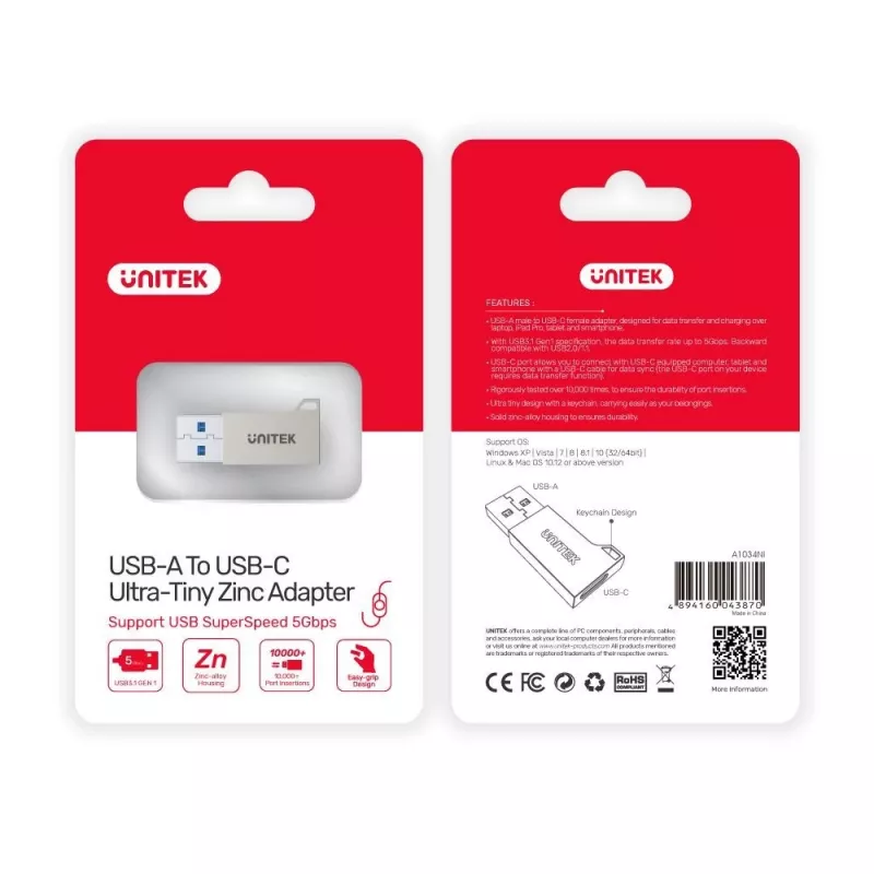 Unitek A1034NI adapter USB-A male naar USB-C female, USB 3.1 Gen1, zilver