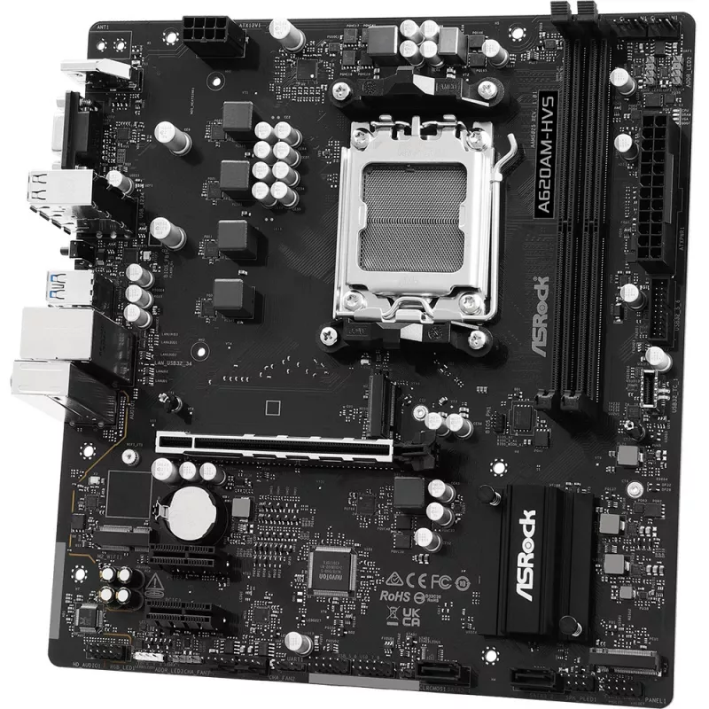 Moederbord ASRock A620AM-HVS Micro ATX — AMD A620A-chipset, socket AM5, DDR5, 2 DIMM, tot 128 GB, HDMI 2.1, M.2 2280