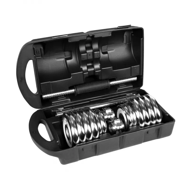 REBEL ACTIVE Chrome verstelbare dumbbells in koffer 15 kg met halterstang