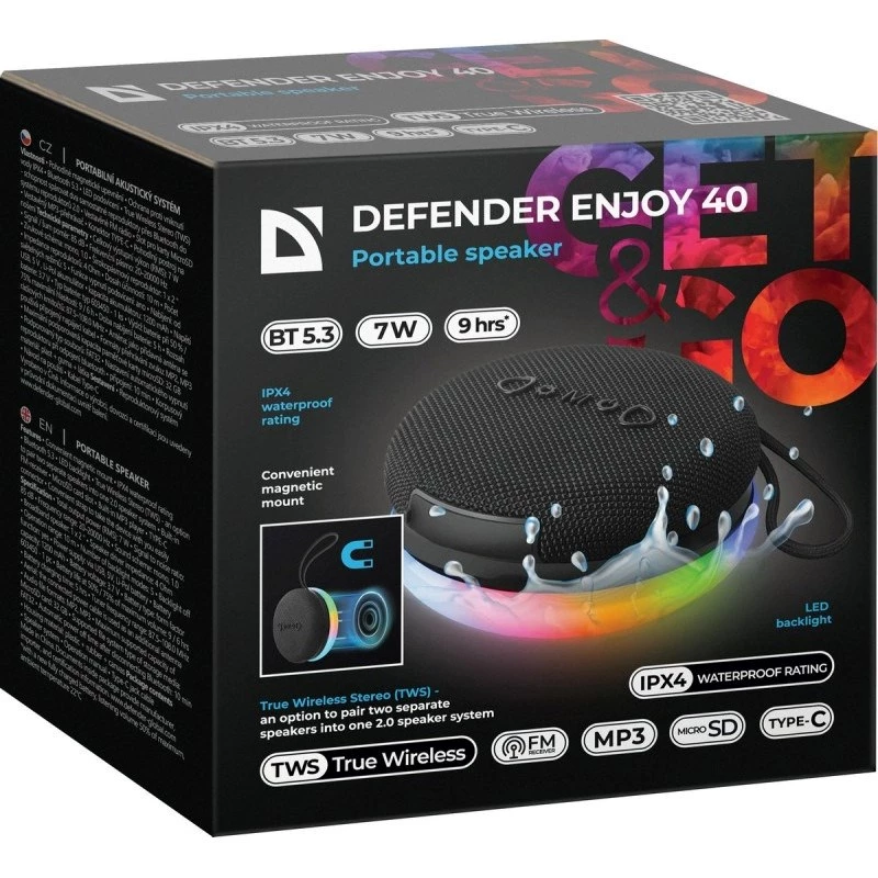 Draagbare Bluetooth-luidspreker DEFENDER ENJOY 40 — 7 W RMS, Bluetooth 5.3, LED-verlichting, LiPo-accu, 9 u, zwart