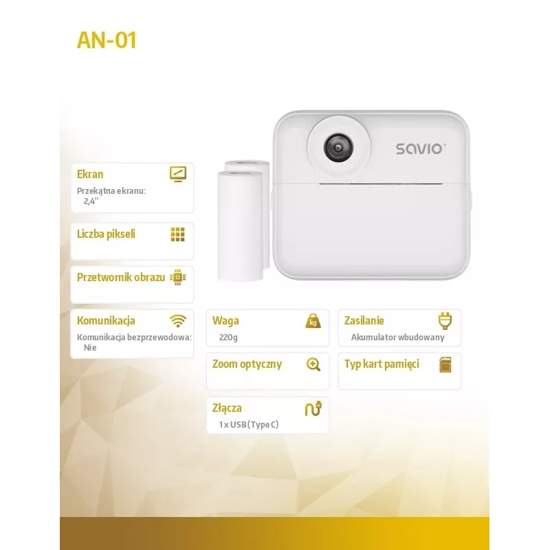 Instantcamera SAVIO AN-01 voor kinderen, wit, 6,1 cm (2,4″) LCD, MicroSDHC tot 32 GB, USB-C, 1200 mAh accu, geen ingebouwde flitser