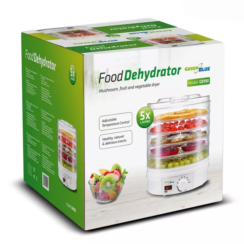 GreenBlue GB190 voedseldroger voor paddenstoelen, groenten en fruit, 5 laden, 250 W, instelbare temperatuur 35–70 °C, wit