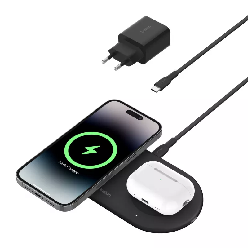 Belkin WIZ021VFBK – 2-in-1 draadloos laadstation met Qi2-technologie 15 W, zwart