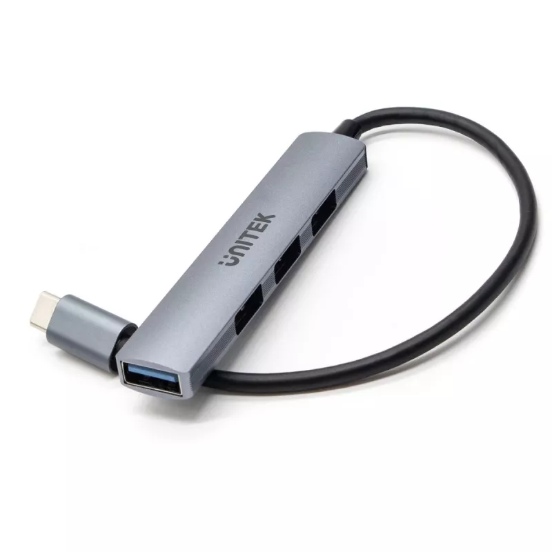 USB-C-hub Unitek H1208B — 1x USB-A 5 Gbit/s, 3x USB-A 2.0, USB-C-host, aluminium behuizing, 0,20 m kabel