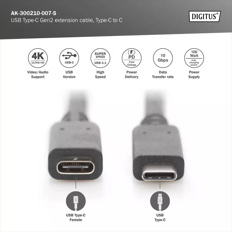 USB Type-C-verlengkabel Digitus AK-300210-007-S 0,7 m