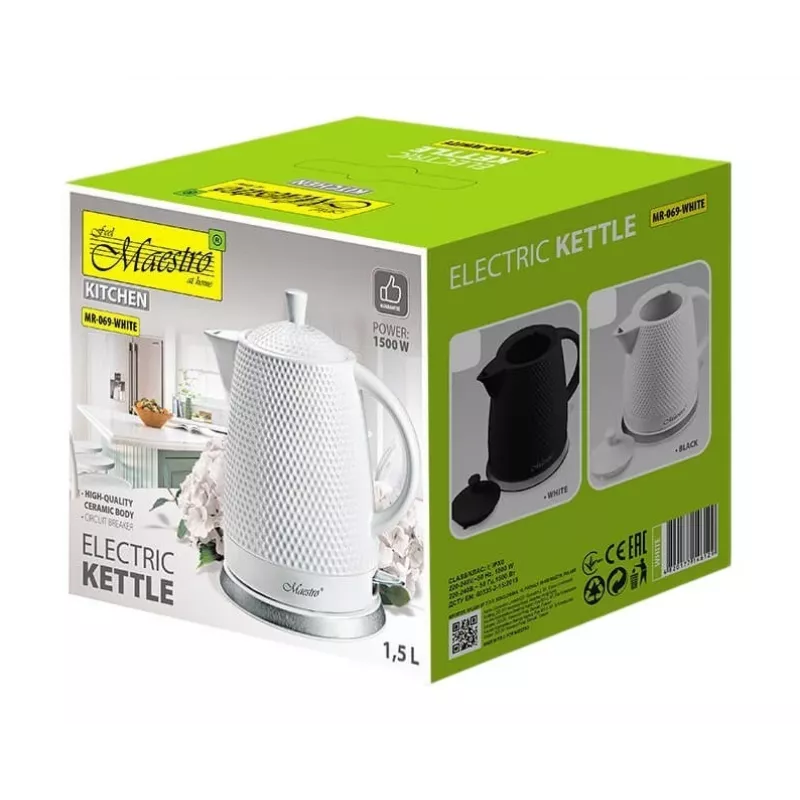 Maestro MR-069-WHITE keramische elektrische waterkoker, 1,5 L, 1500 W, wit