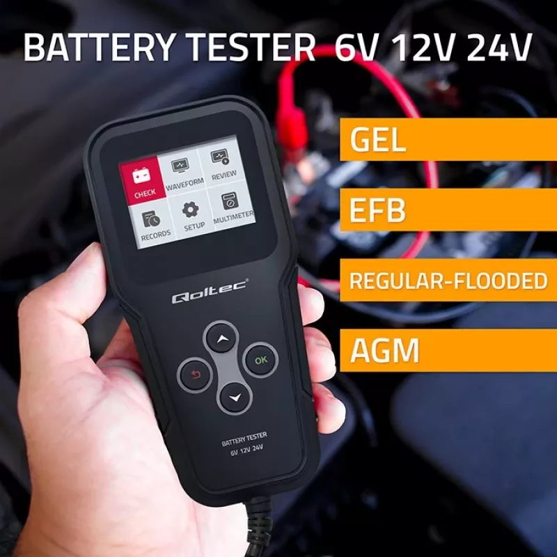 Qoltec 52489 digitale batterij-analyzer tester 3-in-1 met LCD en meertalig 6V | 12V | 24V | 30Ah-200Ah