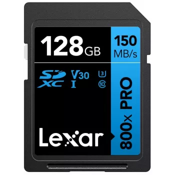 SDXC-geheugenkaart Lexar 128GB UHS-I 800xPRO Class 10 U3 V30 — 150 MB/s lezen, 45 MB/s schrijven, zwart