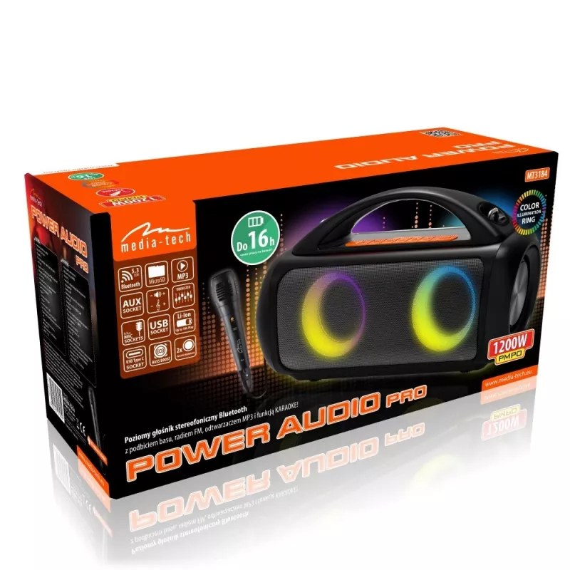Draagbare luidspreker MEDIA-TECH MT3184 — Bluetooth 5.3, 60W RMS, IPX5, Li-Ion accu 16h, USB-C laadpoort, MicroSD, TWS, microfoon, afstandsbediening