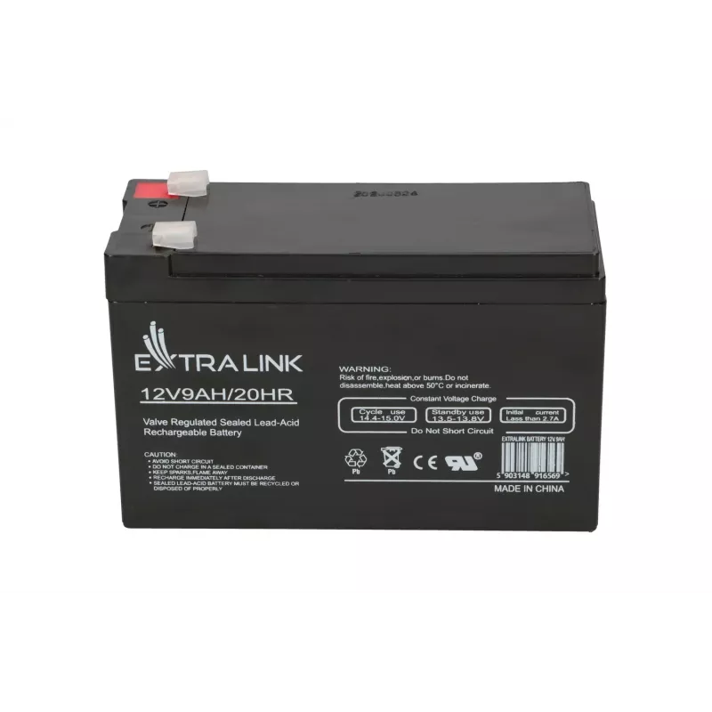 Verzegelde lood-zuur (VRLA) batterij 12V 9Ah Extralink – AGM, 1 stuk, zwart
