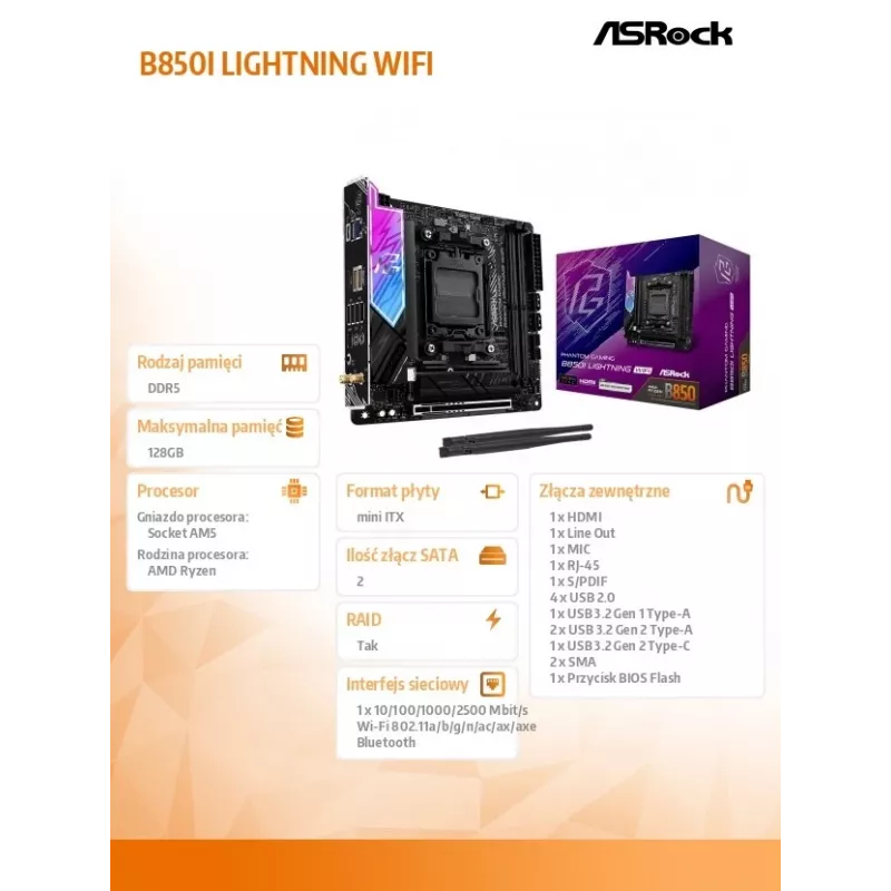 ASRock B850I Lightning WiFi AM5 Mini-ITX moederbord