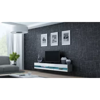 Tv-standaard Cama Meble VIGO NEW 30/140/40 — 1400×400×300 mm, grijze bovenzijde, spaanplaat, grijs frame, witte hoogglanzende fronten