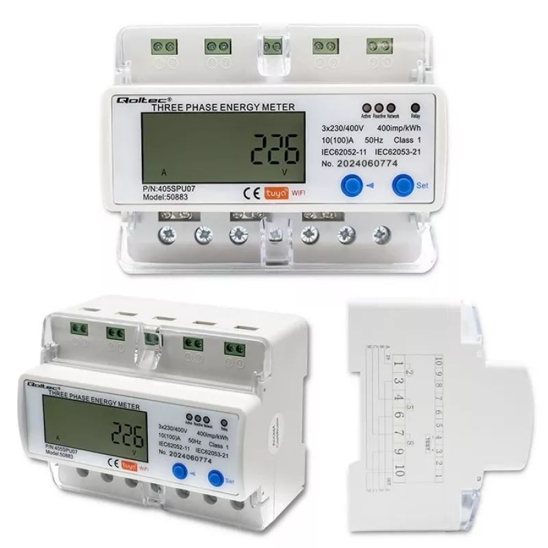 Driefasige energiemeter QOLTEC 50883 Wi‑Fi 400V met lcd-display