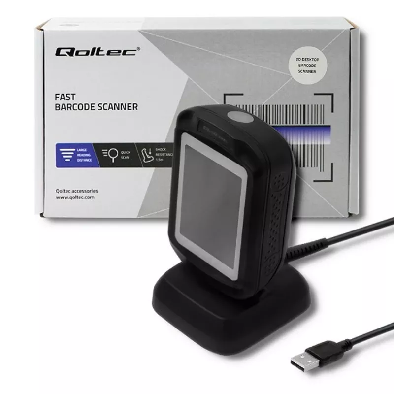 Vaste 1D/2D-barcodescanner QOLTEC 50864, LED-sensor, USB (bekabeld), zwart, 145×85×80 mm