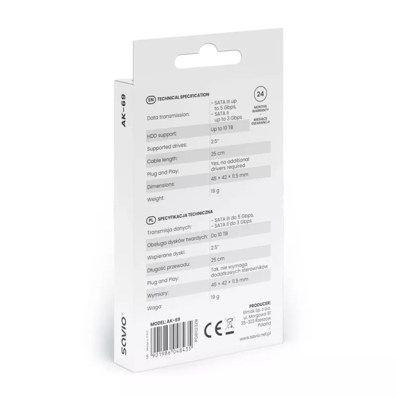 SAVIO SATA-naar-USB-C-interfacekabel AK-69, SATA-bus naar USB-C-stekker, USB 3.2 Gen 1 (5 Gbit/s), 0,25 m, zwart