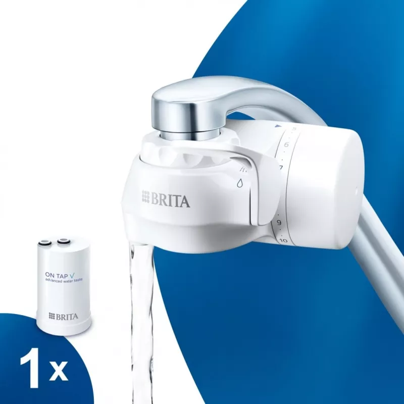 Kraanwaterfilter BRITA ON TAP V CU CE2 (1052067) — 4-traps, 600 L capaciteit, 3 modi, 5 adapters, wit