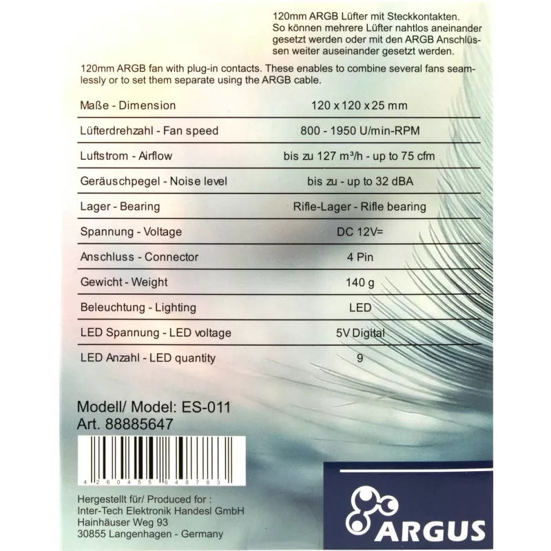 Computerbehuizing-ventilator INTER-TECH ES-011, 120 mm, zwart, 1 stuks